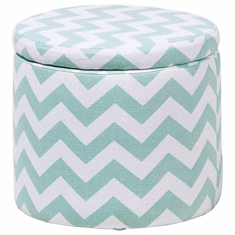 Wyld and Coco Round Storage Stool in Green and White Cotton Fabric, W/D/H: 35 x 35 x 30 cm