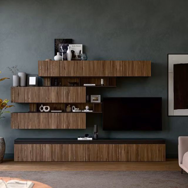 Decorotika Zaragoza Wall Mounted Entertainment Center in Brown with Alina Geometric Pattern