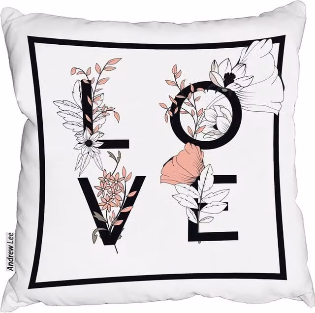 Andrew Lee Love Square Floral Cushion in Black and White, W/D/H: 60 x 60 x 1 cm