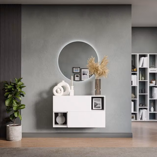Decorotika Modern Wall Mounted Entertainment Center in Glossy White with LED Lighting