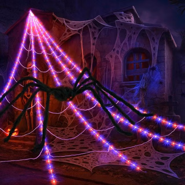 Garwarm Giant Halloween Spider Web Decoration Kit with Multicolour RGB LED Lights and Remote Control