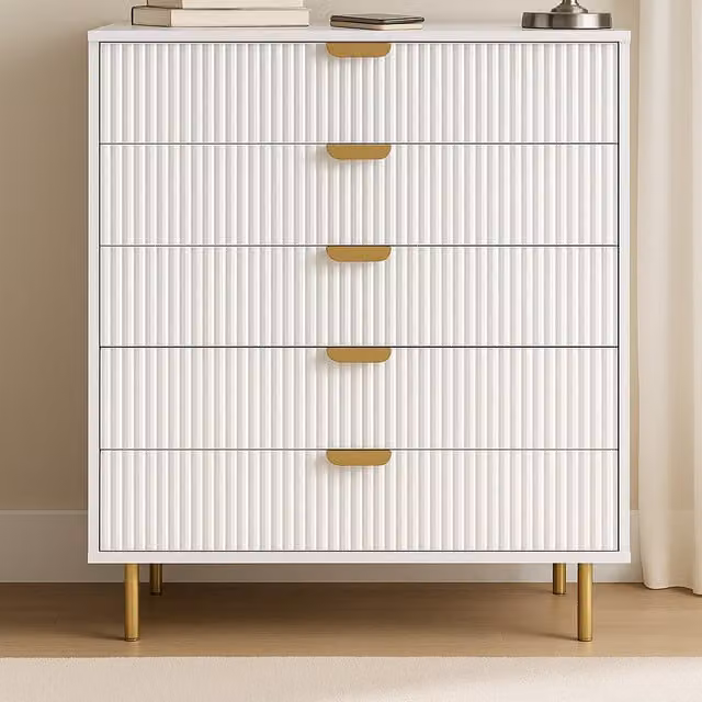 Home Treats Modern Ridged White Wooden Bedroom Furniture Set with Gold Accents including Wardrobe, Bedside Table and 5-Drawer Chest (Width: 80 cm)