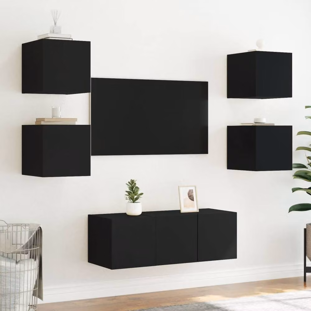 Berkfield Home Set of 2 Modern Black Wall-Mounted TV Cabinets with Integrated LED Lighting, W/D/H: 30.5 x 35.0 x 30.5 cm – 3