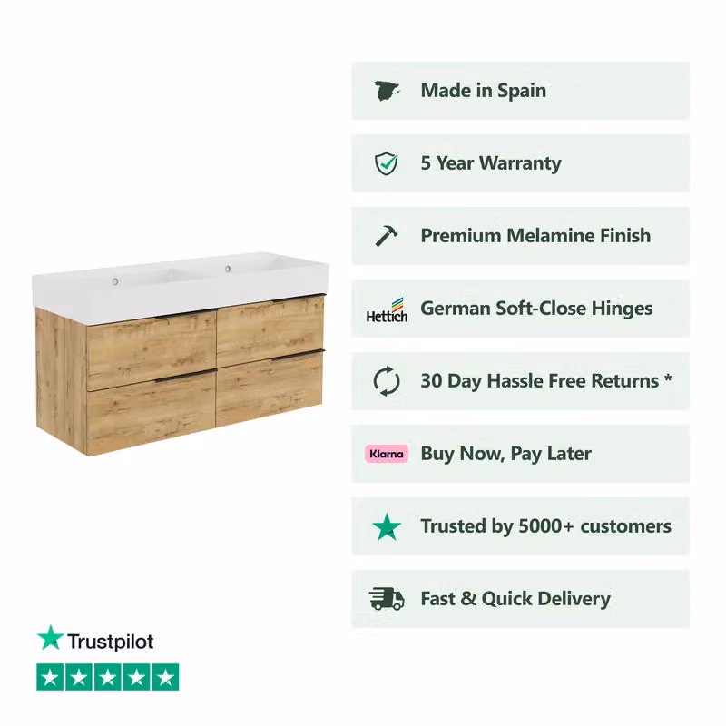 Banyetti Celtic 1200mm Wall Hung Bathroom Vanity Unit with Veneto 0 Tap Hole Basin in Ostippo Light Oak, W/D/H: 120 x 45 x 48 cm – 2