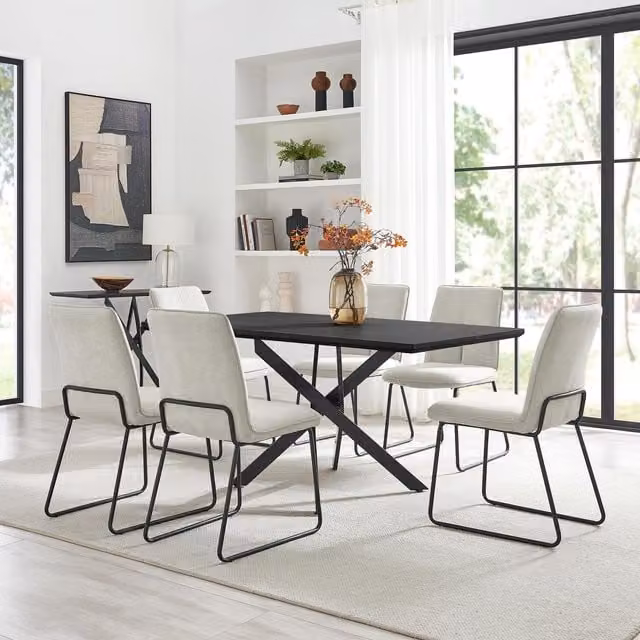FurnitureboxUK Leonardo Black Top Dining Table with 6 Halle Cream Fabric Chairs