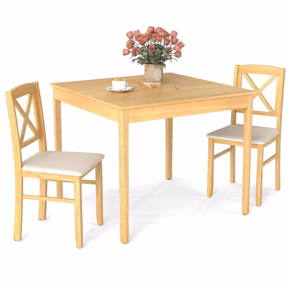 Costway 3 Piece Wooden Dining Table and 2 Chairs Set in Natural Brown and Beige – 2