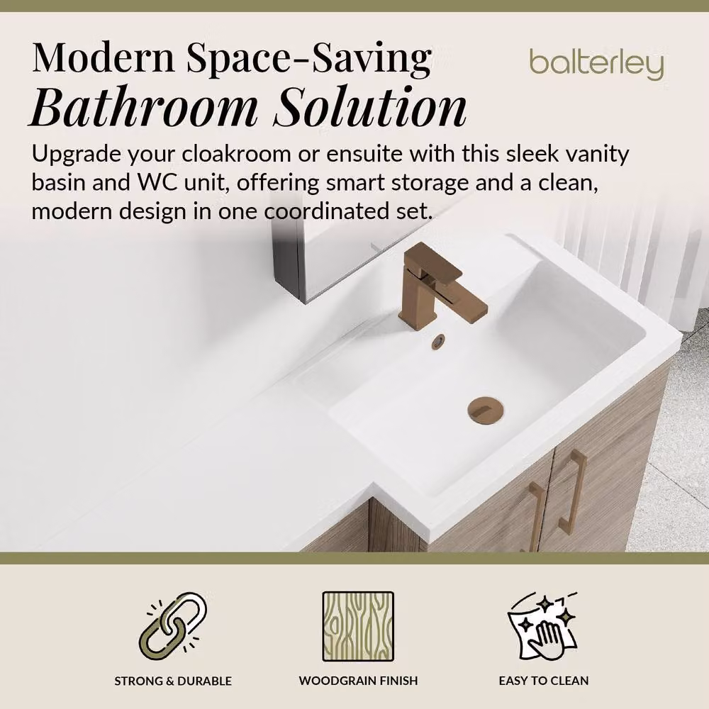 Balterley Modern Brown Wood Freestanding Right-Hand Vanity and WC Unit Combination with Brushed Bronze Details, W: 110 cm, H: 80 cm – 2