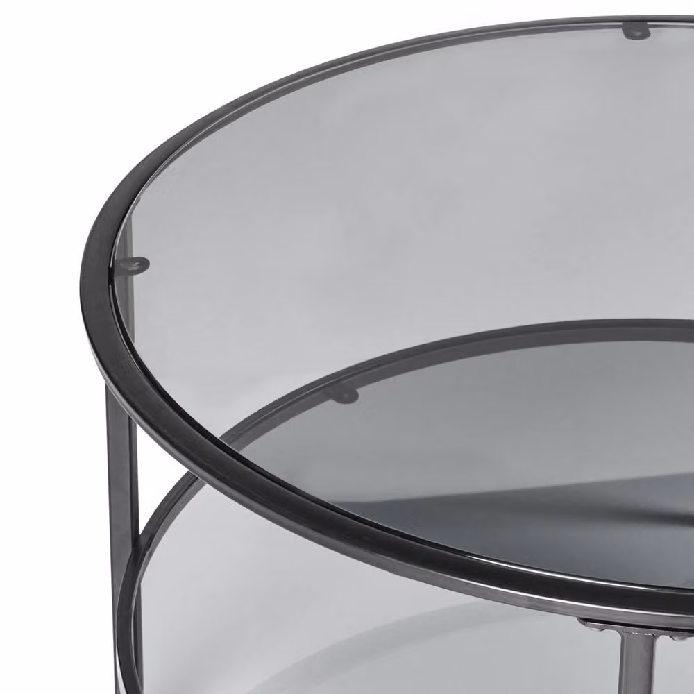 Wyld and Coco Round Coffee Table in Black with Tempered Glass and Mirrored Shelf, Diameter: 80 cm, Height: 45 cm – 3