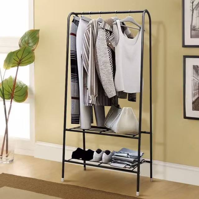 Livingandhome Matt Black Metal Dual Hook and Rail Matrix Clothes Rail