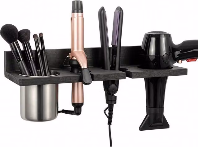 VOGREX Wall Mounted Metal Hair Dryer and Straightener Storage Rack in Black – 1