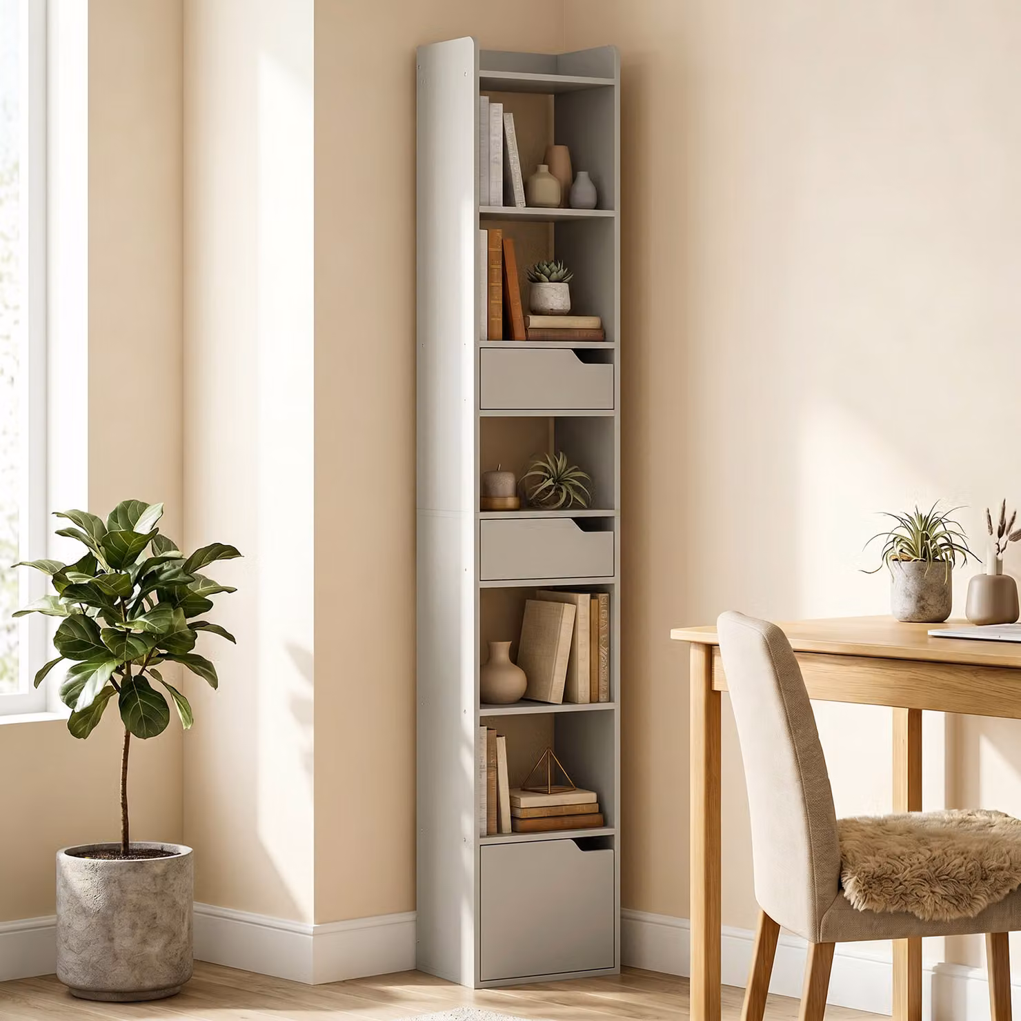 HOMCOM Tall Narrow 5-Tier Bookcase with Drawers and Storage Cabinet, Grey – 2