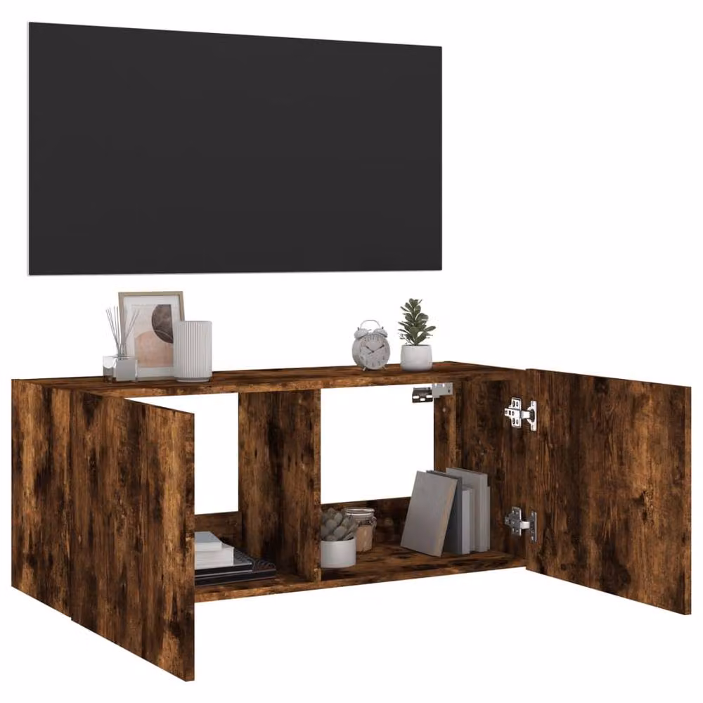 Berkfield Home TV Wall Cabinet with LED Lights in Smoked Oak Brown, W/D/H: 100 x 35 x 41 cm – 6