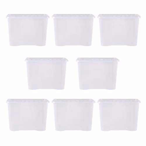 Wham Crystal Stackable Plastic Storage Boxes with Lids and Handles, Pack of 8, 80 l, Transparent