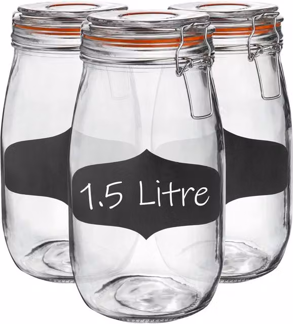 Argon Tableware Glass Storage Jars with Clip Lids and Labels, 1.5 l, Pack of 3, Clear and Orange