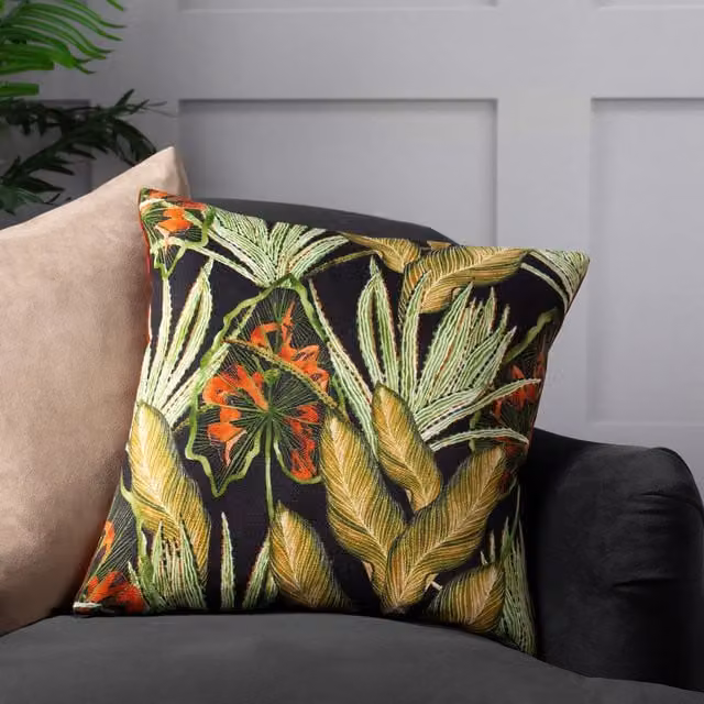 Make it a Home Mogori Abstract Leaves Digitally Printed Velvet Cushion in Sunset Multicolour with Feather Filling