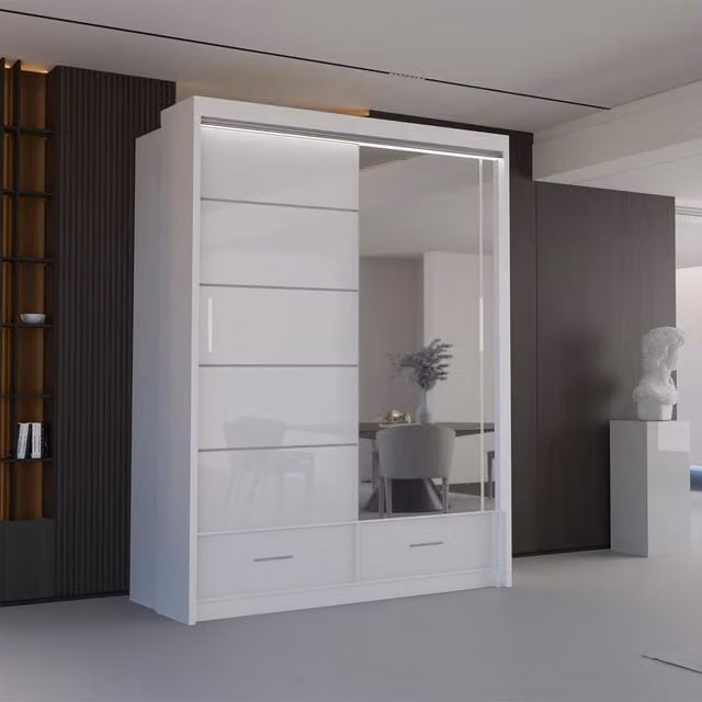 Sliding Wardrobes 4U Luxury High Gloss Sliding Wardrobe with Integrated LED Light, White, W: 150 cm, H: 220 cm – 1