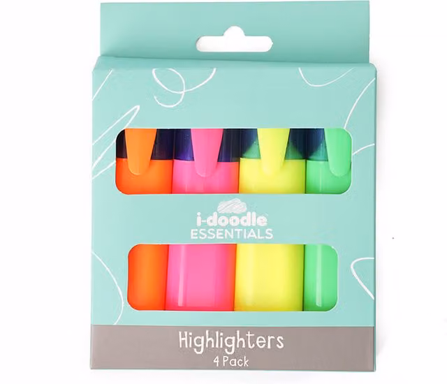 idoodle Essentials Multicolour Chisel Tip Ink Highlighters, Pack of 4