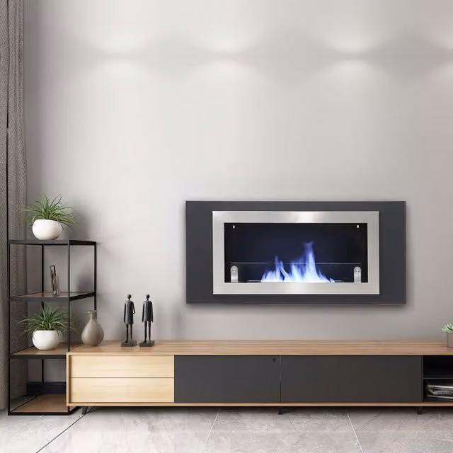 Livingandhome Rectangular Stainless Steel Recessed Ethanol Fireplace, Black