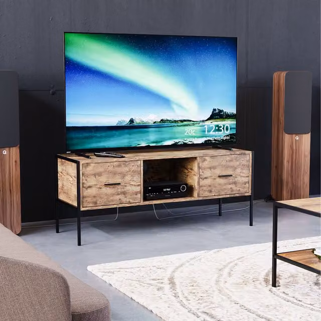 Vida Designs Brooklyn Industrial 2 Drawer TV Unit in Dark Wood and Metal