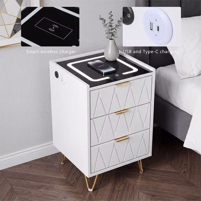 SPETLEK Modern White Glossy LED Bedside Table with Drawers and Integrated Lighting – 1