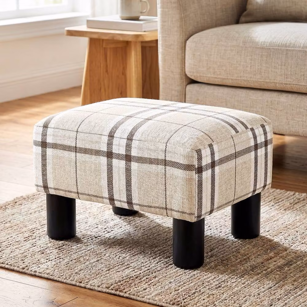 STILVORA Modern Rectangular Footstool with Beige Linen Upholstery and Wood Frame, W/D/H: 40 x 30 x 24 cm – 2