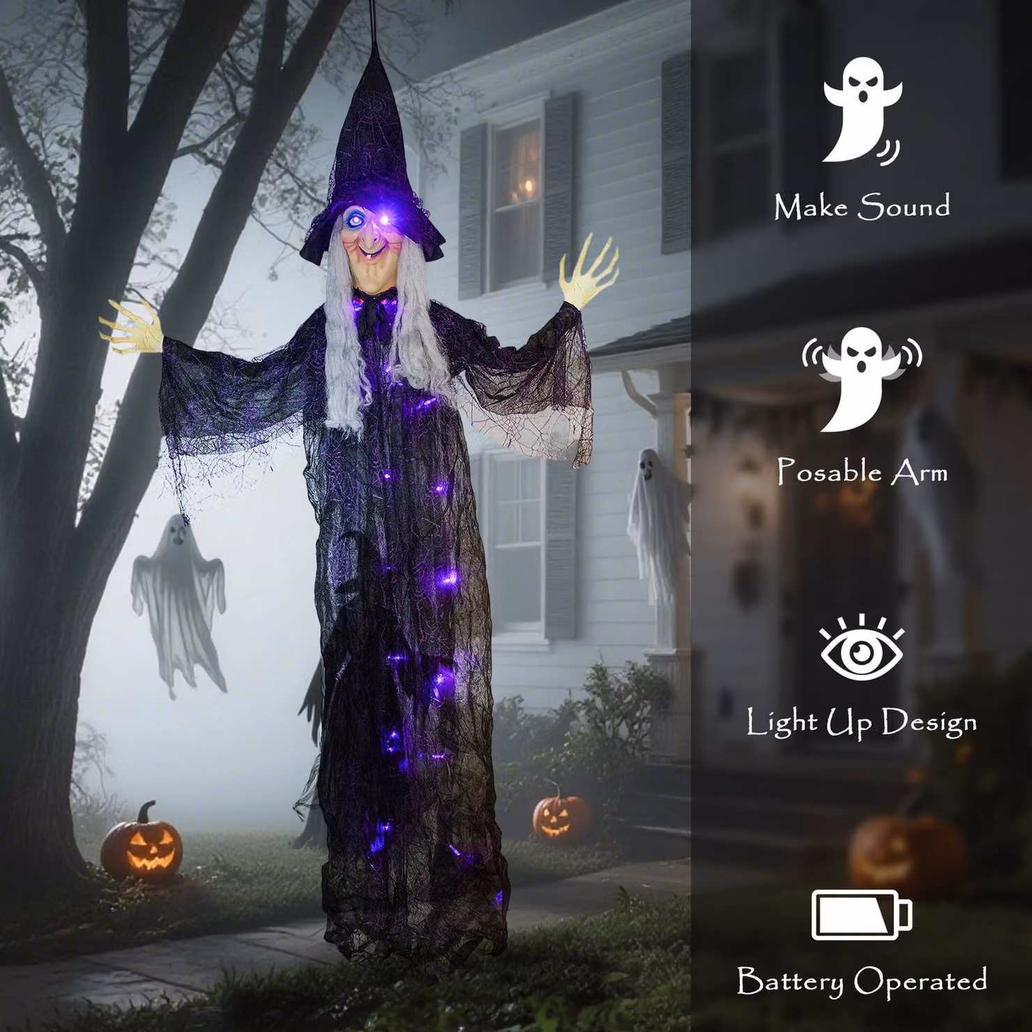 Outsunny Life Size Animated Hanging Halloween Witch with Glowing LED Eyes and Body, Purple, Height: 183 cm – 5