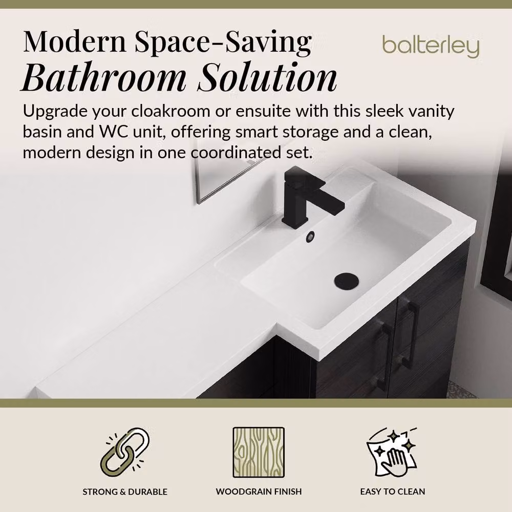 Balterley Modern Matt Black Woodgrain Right-Hand Vanity and WC Unit Combination, W: 110 cm, H: 84 cm – 2