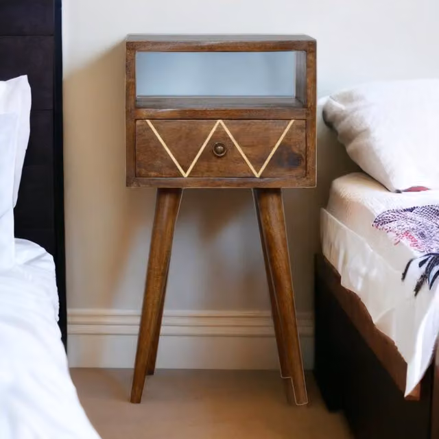 Artisan Furniture Soldi Wood Mini Geo Brass Bedside Table in Chestnut Mango Wood and Gold