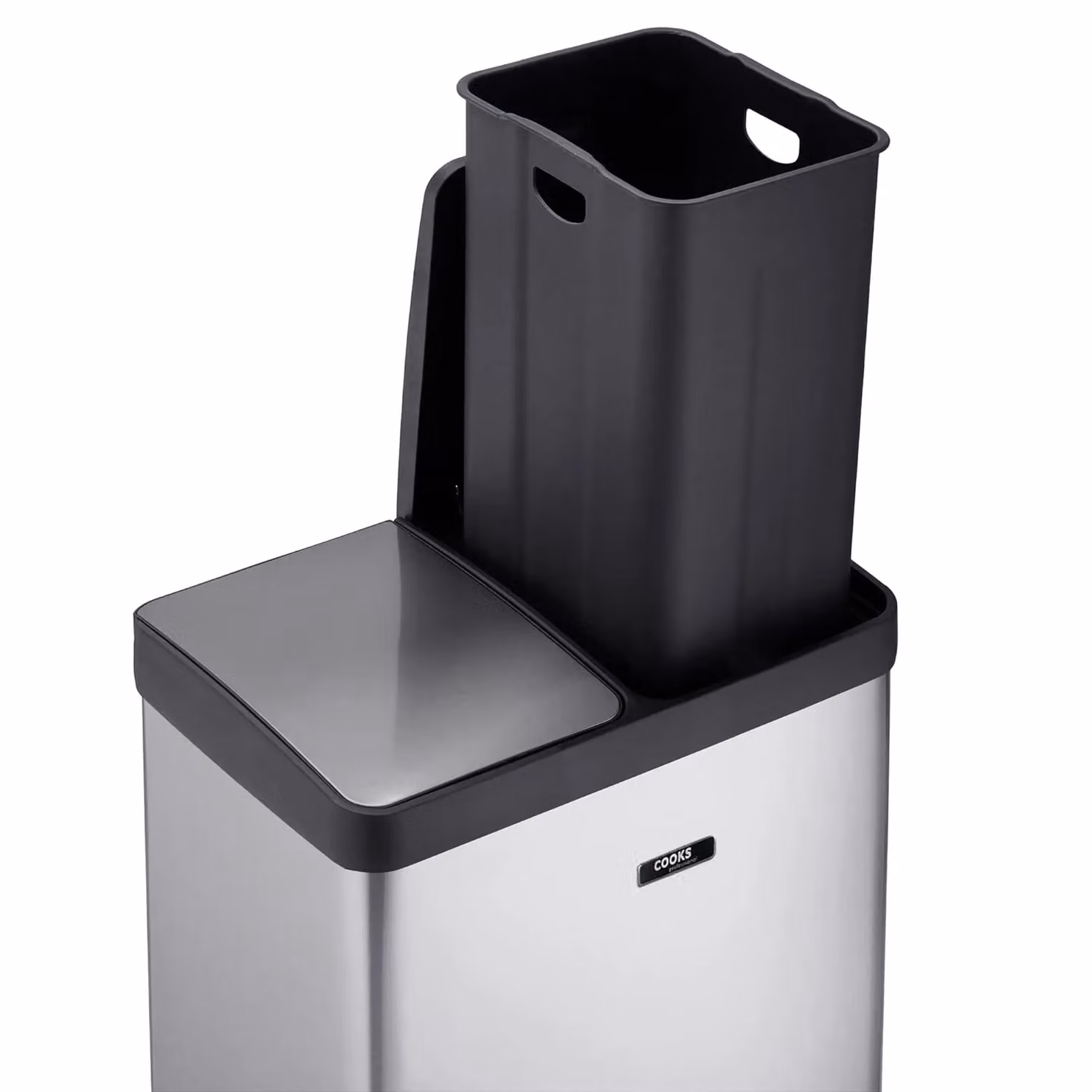 Cooks Professional Dual Pedal Bin 60L with 2 Compartments and Soft Close Lids in Silver – 3