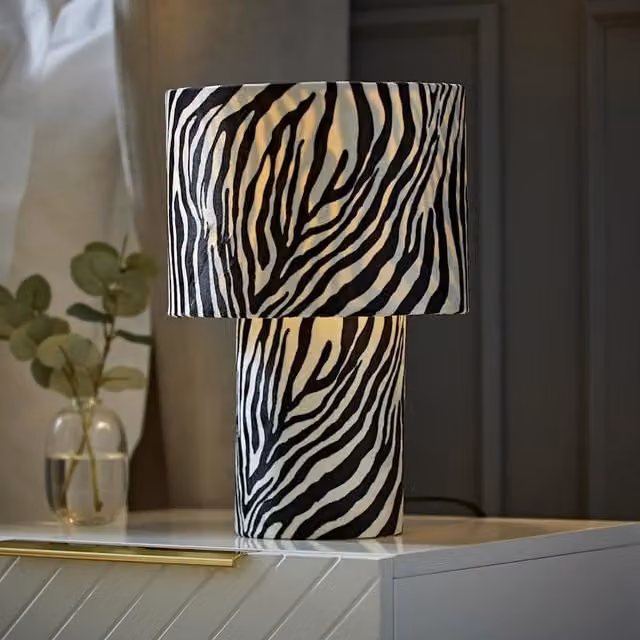 Nessa Zebra Pattern Velvet Table Lamp in White and Black