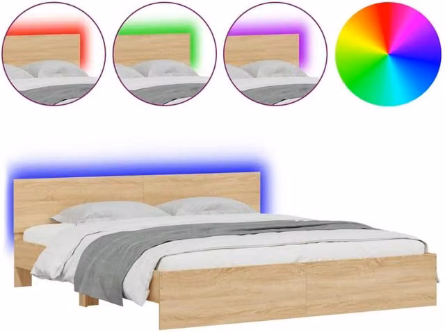 Berkfield Home Super King Bed Frame in Sonoma Oak with LED Under-Bed Lighting and USB Charging Port, Brown, W/D/H: 180 x 200 cm