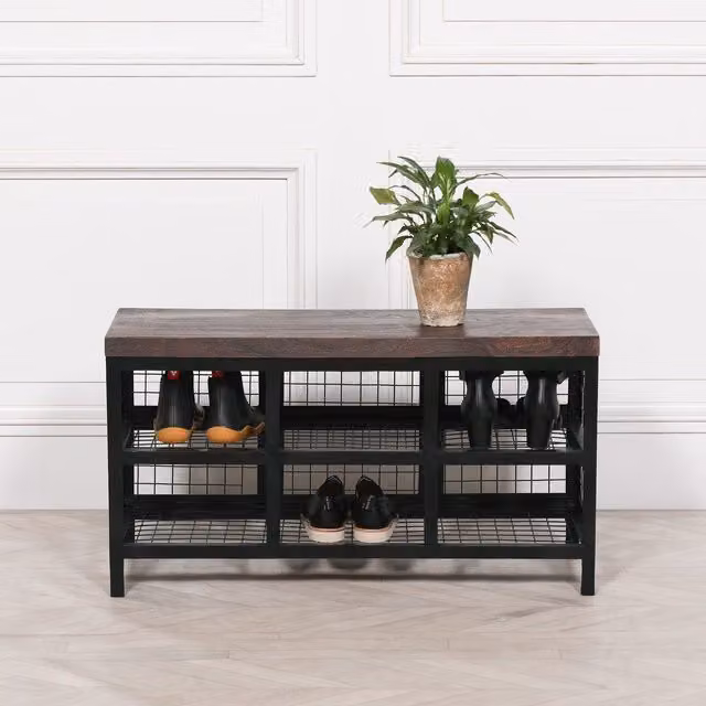 Glasstone Black Metal and Brown Wood Industrial Shoe Rack Storage Bench