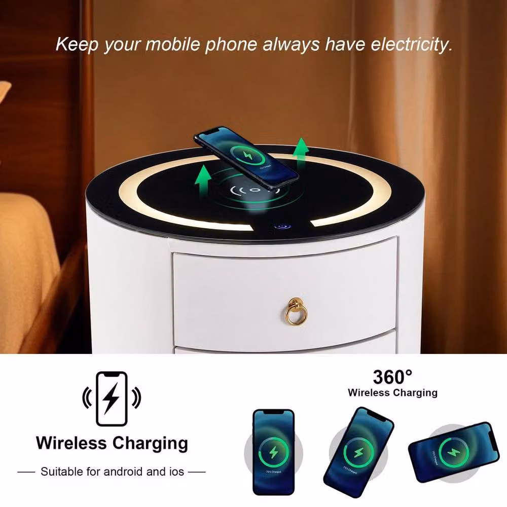 FLAVORA White 3 Drawer LED Bedside Table with Wireless Charging and Integrated Lighting – 5