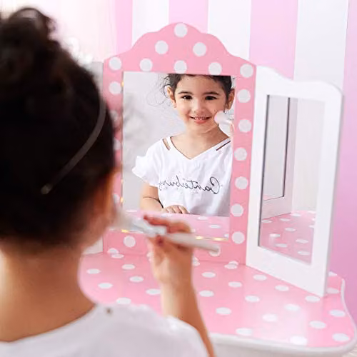 Teamson Kids Princess Gisele 2-Piece Wooden Play Vanity Set with LED-Illuminated Tri-Fold Mirror and Stool, White with Pink Polka Dot – 3
