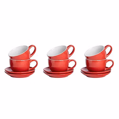 Argon Tableware Red Stoneware Cappuccino Cup and Saucer Set, 250ml, Set of 6