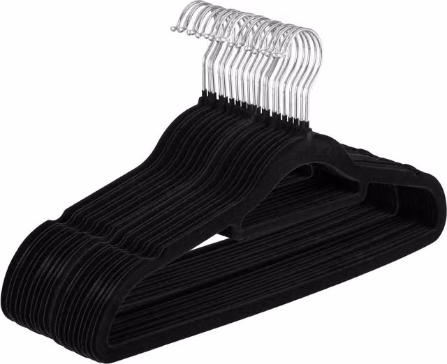 Gr8 Home Pack of 20 Black Non-Slip Flocked Velvet Coat Hangers with Bar and Swivel Hook