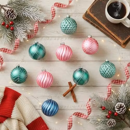 Shatchi 12-Piece Set of Glass Christmas Baubles in Green, Pink and Blue, 8 cm Diameter – 7
