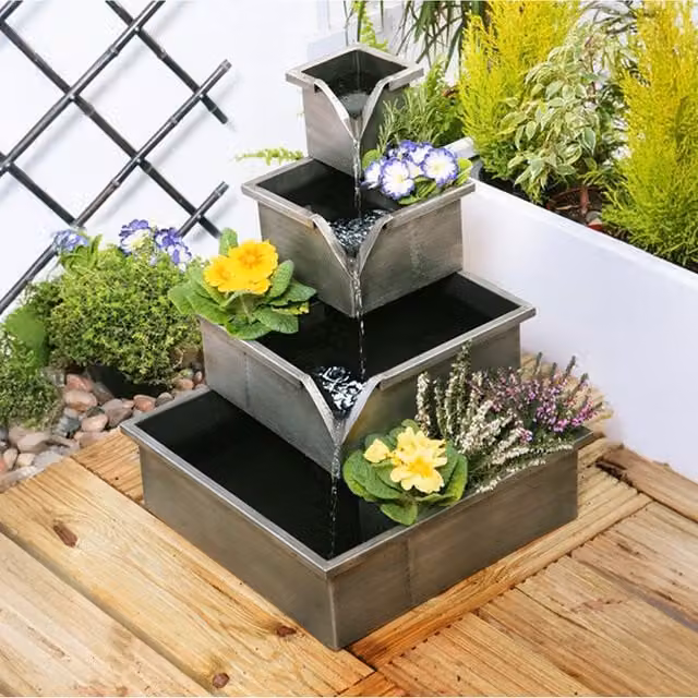 Primrose Silver Cascading Tabletop Water Feature and Square Planter