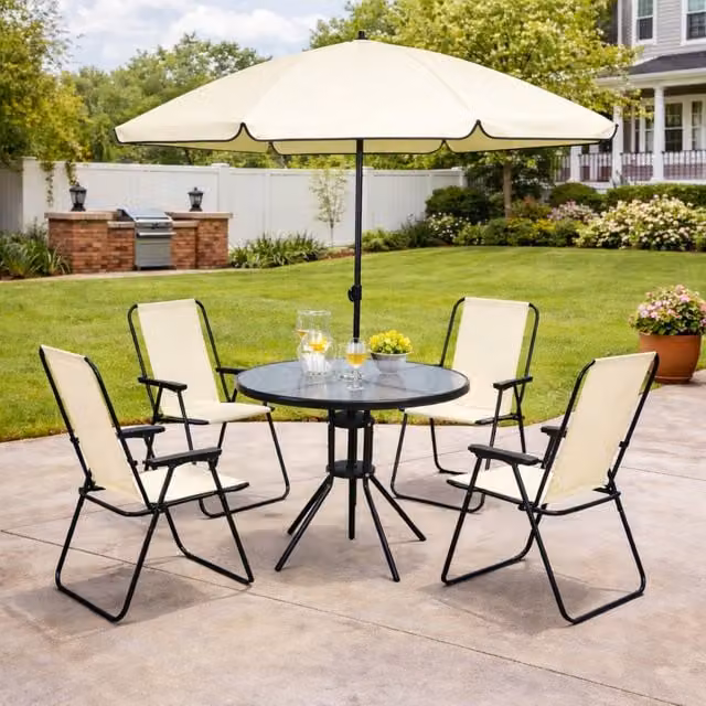 Marco Paul 6 Piece Modern Round Glass Top Patio Set in Beige and White