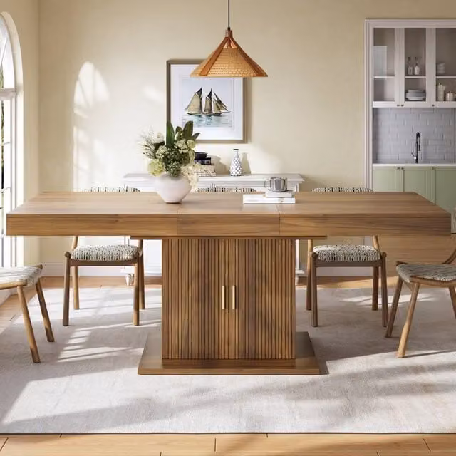 Merax Extending Dining Table with Fluted Storage Pedestal Base in Walnut – 1