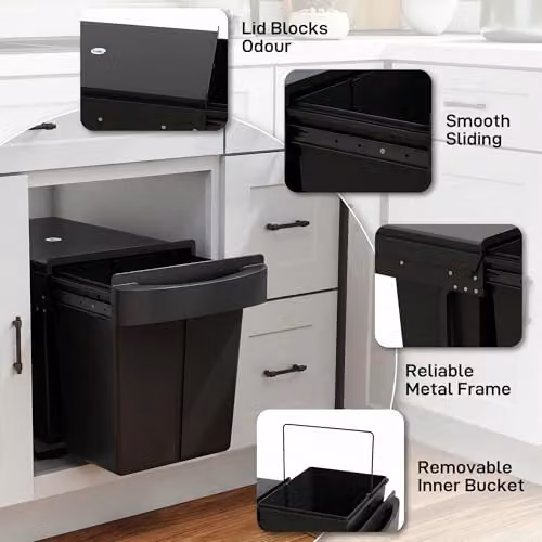 HOMCOM Black Pull Out Kitchen Under Sink Bin with Soft-Close Mechanism and Removable Inner Bucket, 40L – 7