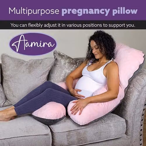 Aamira J Shaped Pregnancy Pillow in Pink and Grey Velvet with Shredded Memory Foam, W/D/H: 140 x 70 x 20 cm – 8