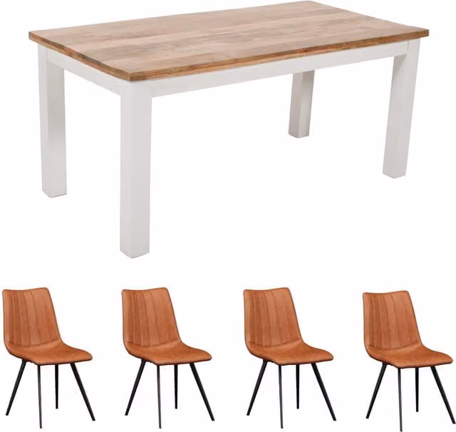 IH Design Bianco Mango Wood Dining Table Set with 4 Chairs in White and Brown