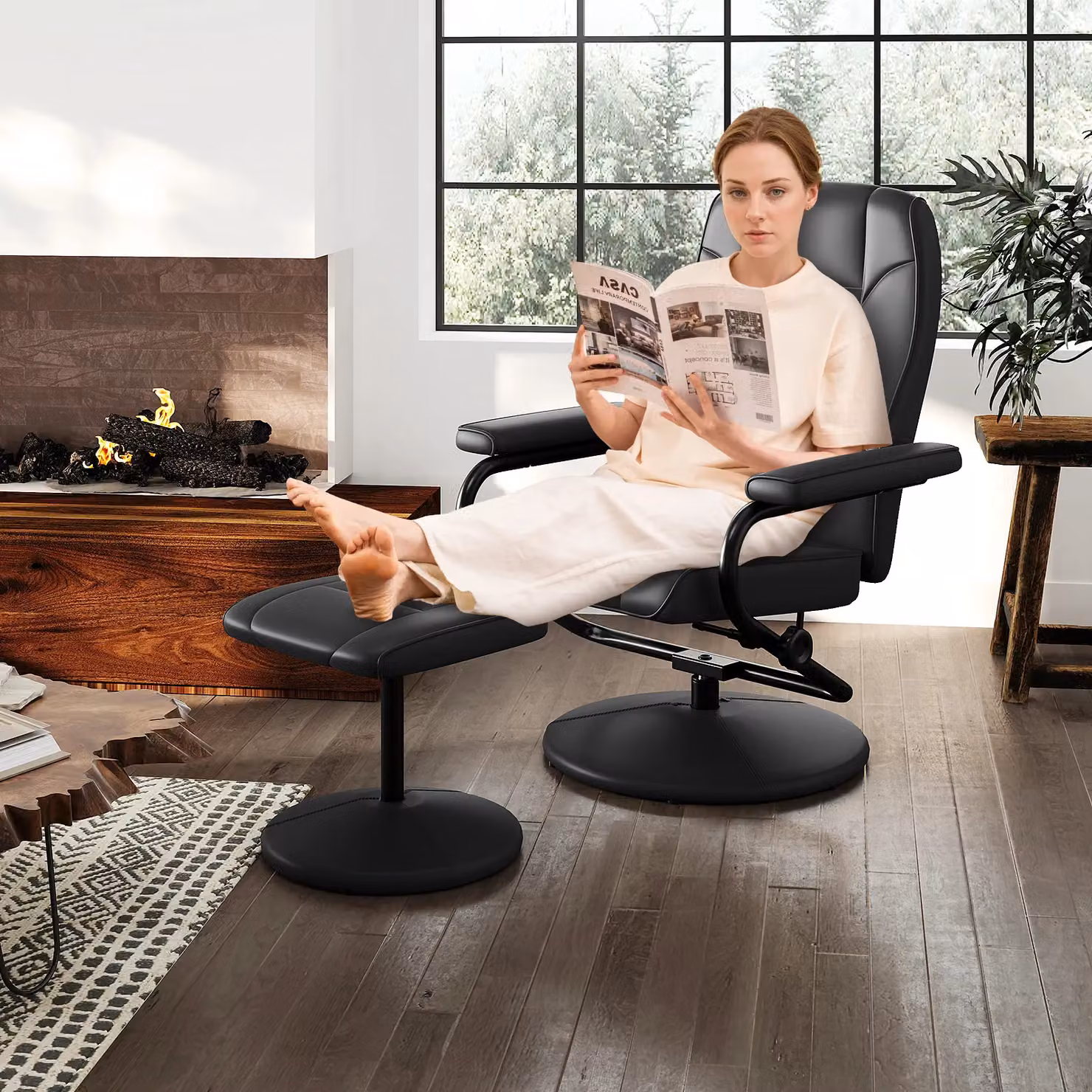 Costway 360 Degree Swivel Reclining Chair with Adjustable Backrest and Ottoman in Black Synthetic Leather – 3