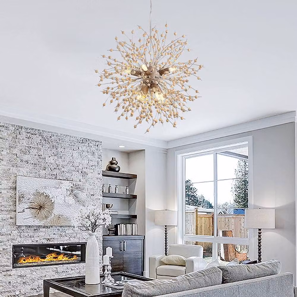 NIVOR 8-Light Dandelion Firework Chandelier with Wooden Beads in Natural Beige – 2