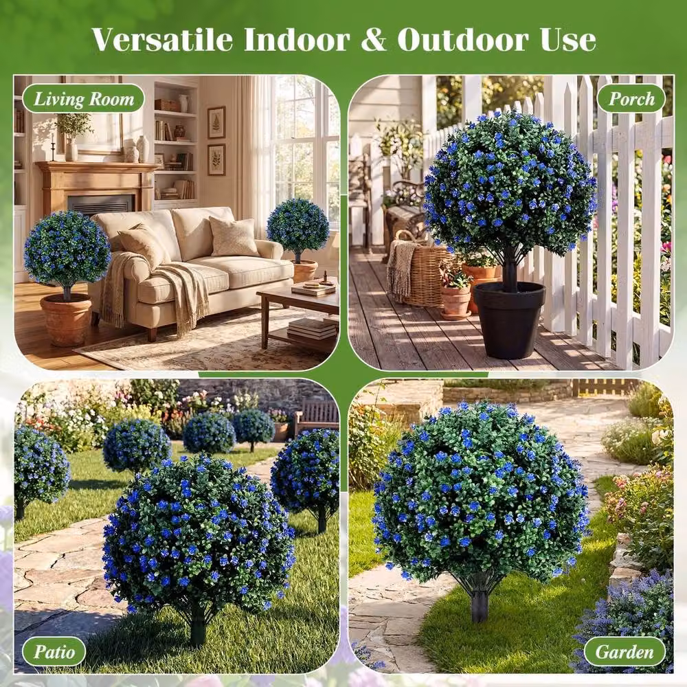 VOGREX 2-Pack Green and Purple Faux Floral Topiary Trees, Height: 70 cm – 6
