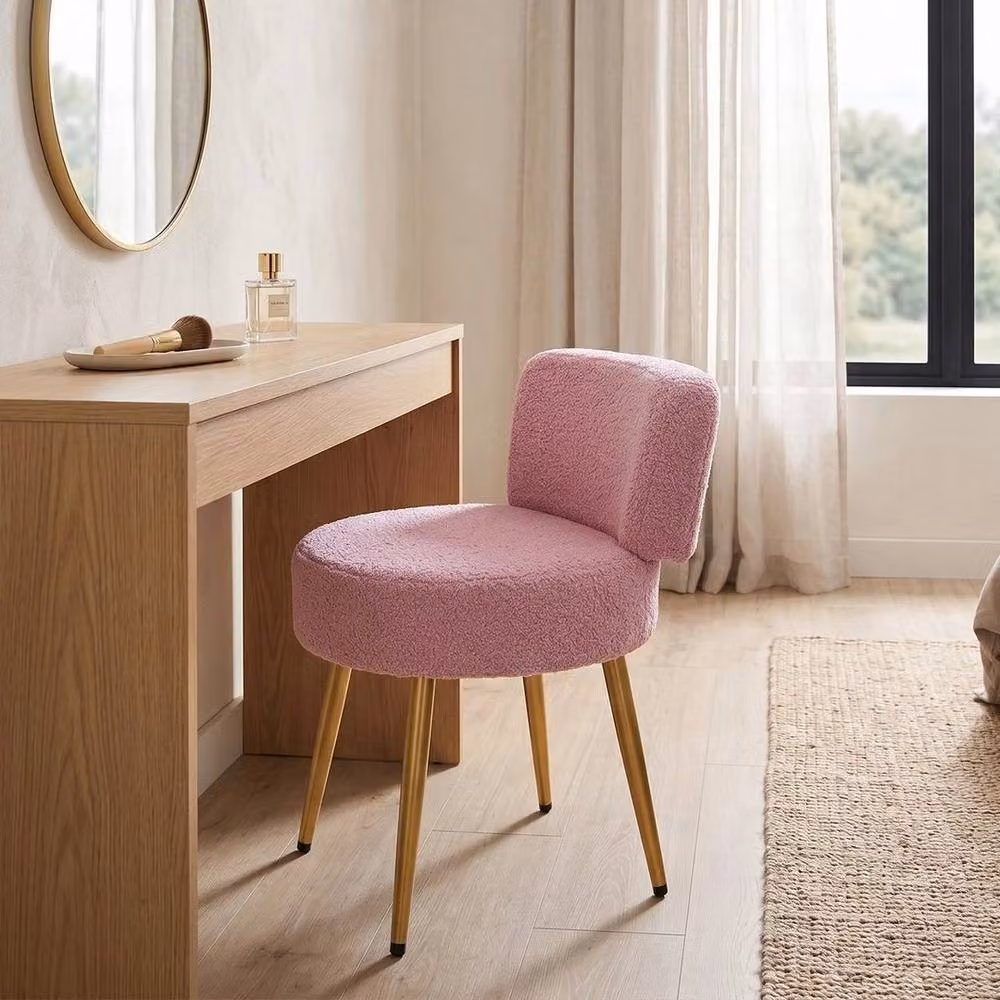 KORVIXA Pink Bouclé Round Dressing Table Stool and Ottoman – 2