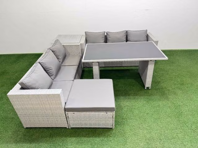 Fimous 7-Seater Patio Sofa Set with Rectangular Table, Side Table and Large Stool in Light Grey