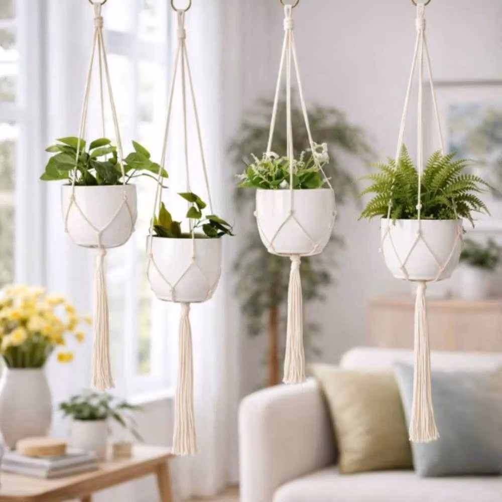 Marco Paul Set of 4 White Macrame Rope Hanging Plant Hangers – 3