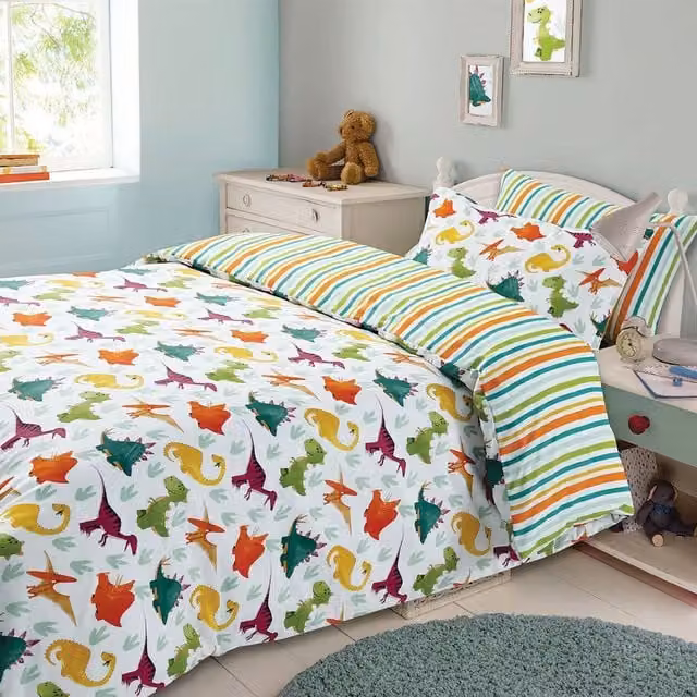 Dreamscene Dino Stripe Kids Reversible Duvet Cover Bedding Set, Green, White and Multicolour, W: 140 cm, L: 200 cm